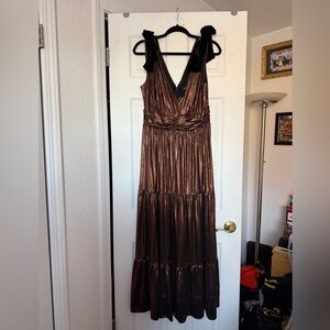 Bronze Metallic Cocktail/ Evening Dress with Black Velvet Bow details